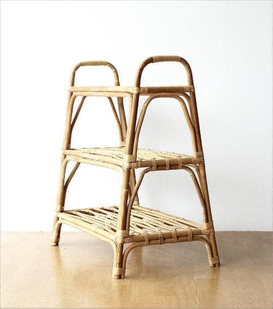 ビンテージ　オールドラタン　オープンシェルフ　三段ラック Amazon｜シェルフ おしゃれ 3段 ラタン ディスプレイラック